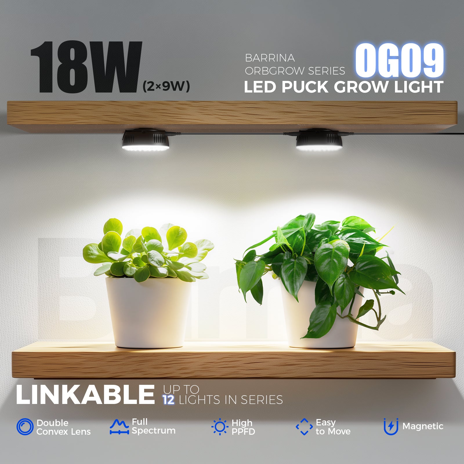 Barrina OG09 Orbgrow Series 9W Puck LED Grow Lights 5000K | Magnetic & Linkable (Black Color))