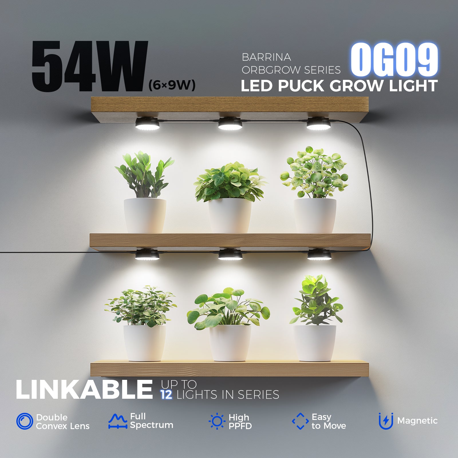 Barrina OG09 Orbgrow Series 9W Puck LED Grow Lights 5000K | Magnetic & Linkable (Black Color))