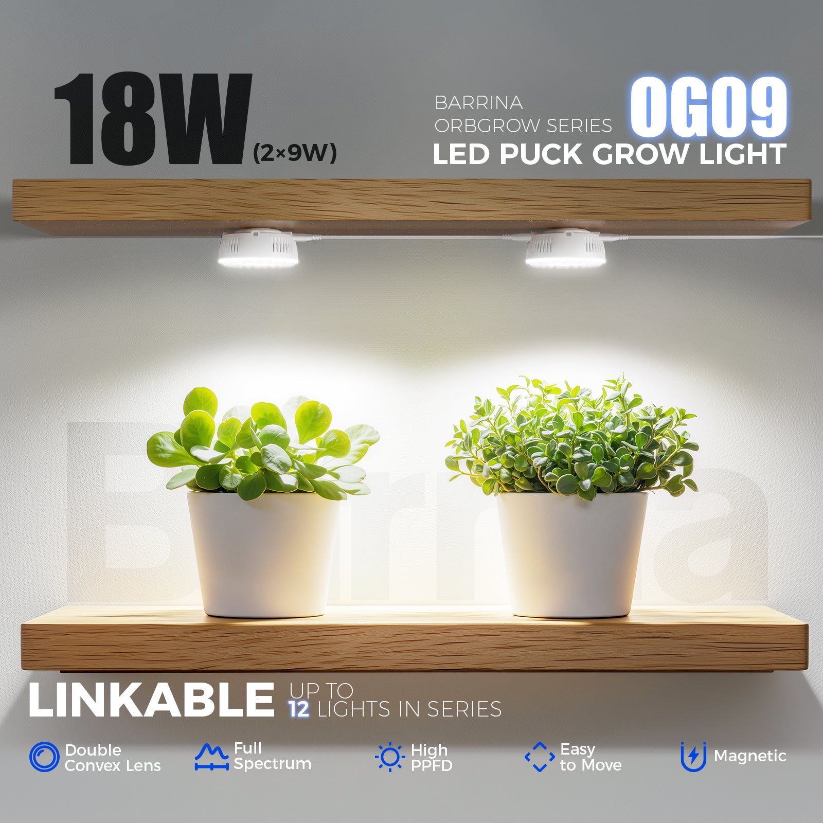 Barrina OG09 Orbgrow Series 9W Puck LED Grow Lights 5000K | Magnetic & Linkable