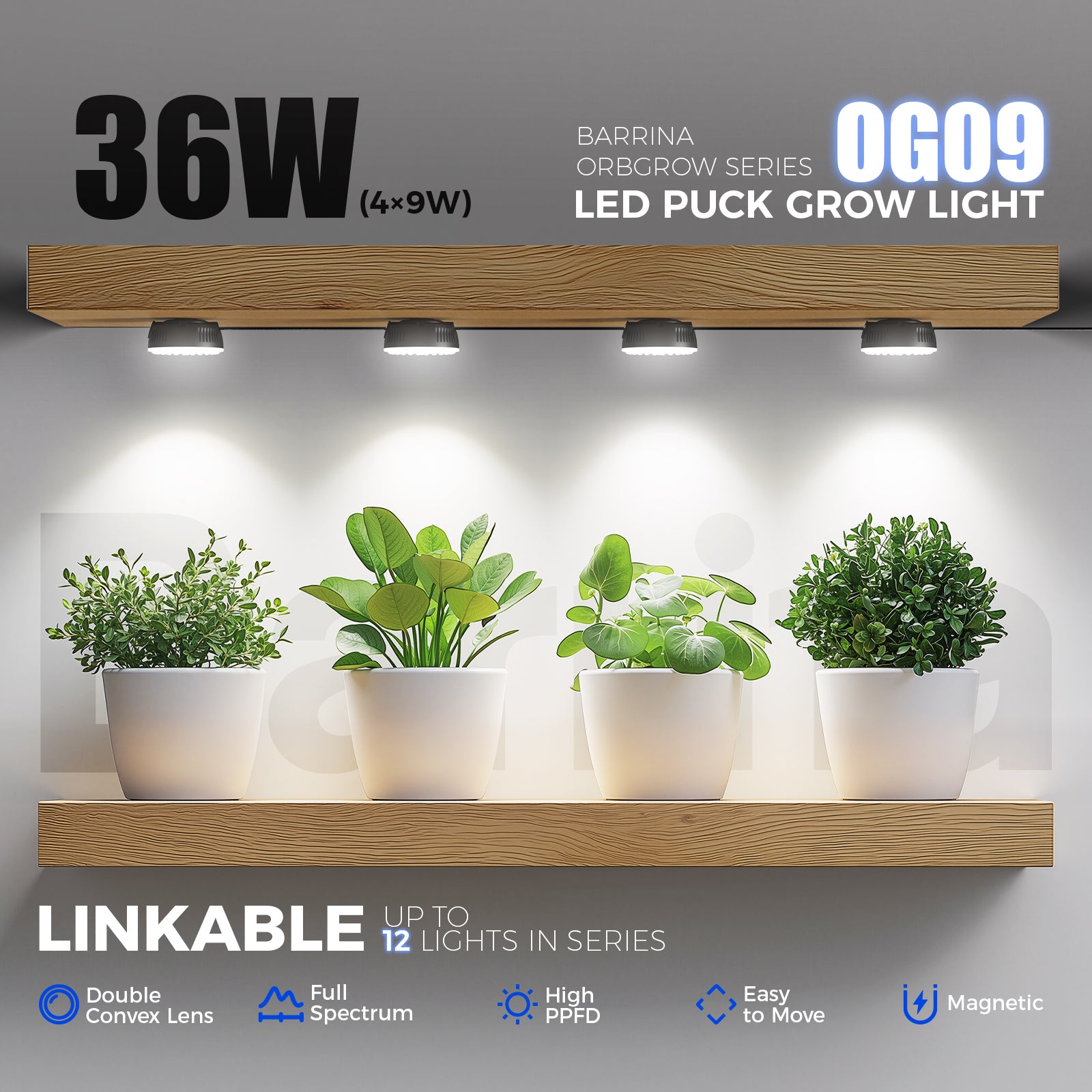 Barrina OG09 Orbgrow Series 9W Puck LED Grow Lights 5000K | Magnetic & Linkable with Smart Timer & 5 Level Dimmable