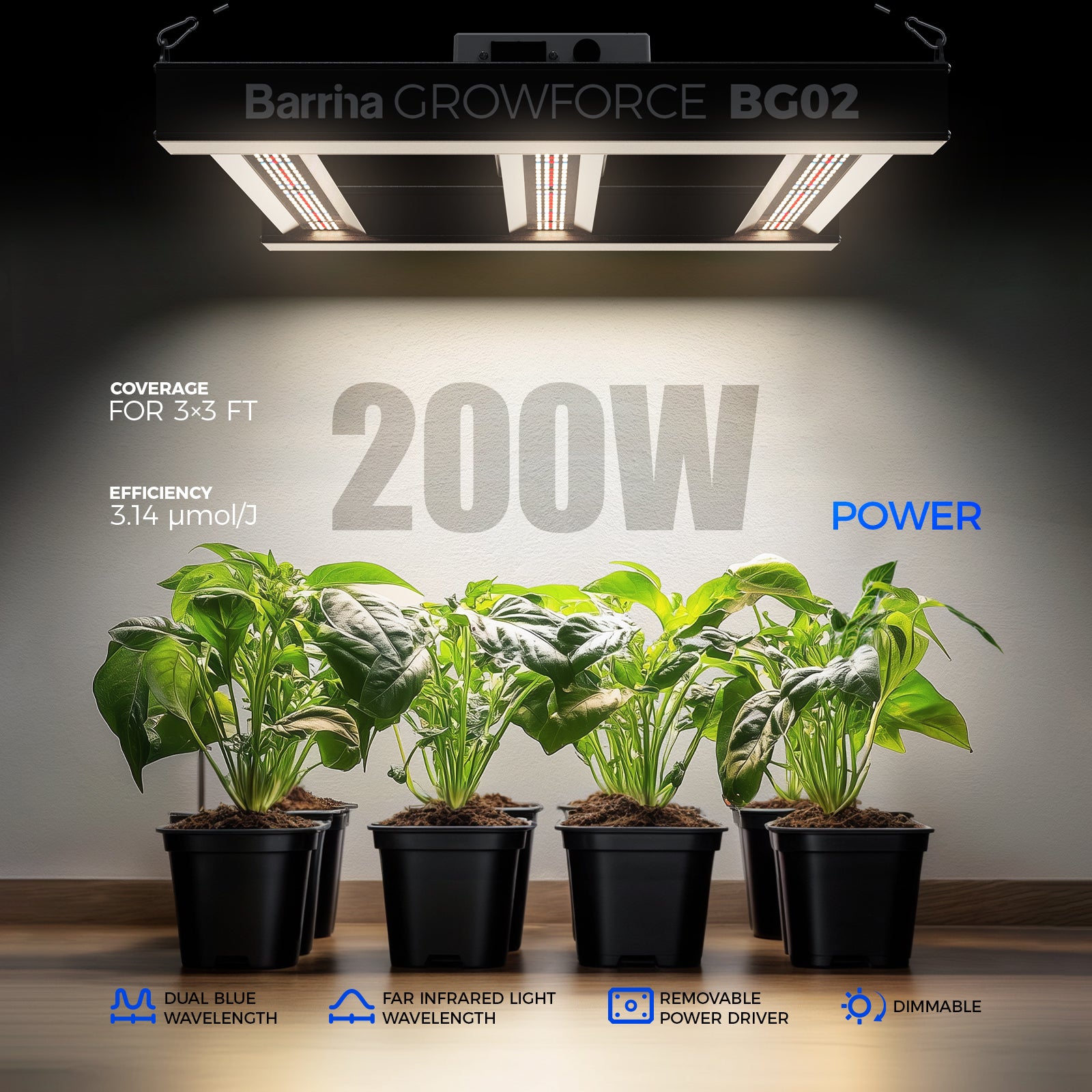 Barrina GrowForce 200W LED Commercial Grow Light Dual Blue & FIR Light | Dimmable & High PPFD | BG02