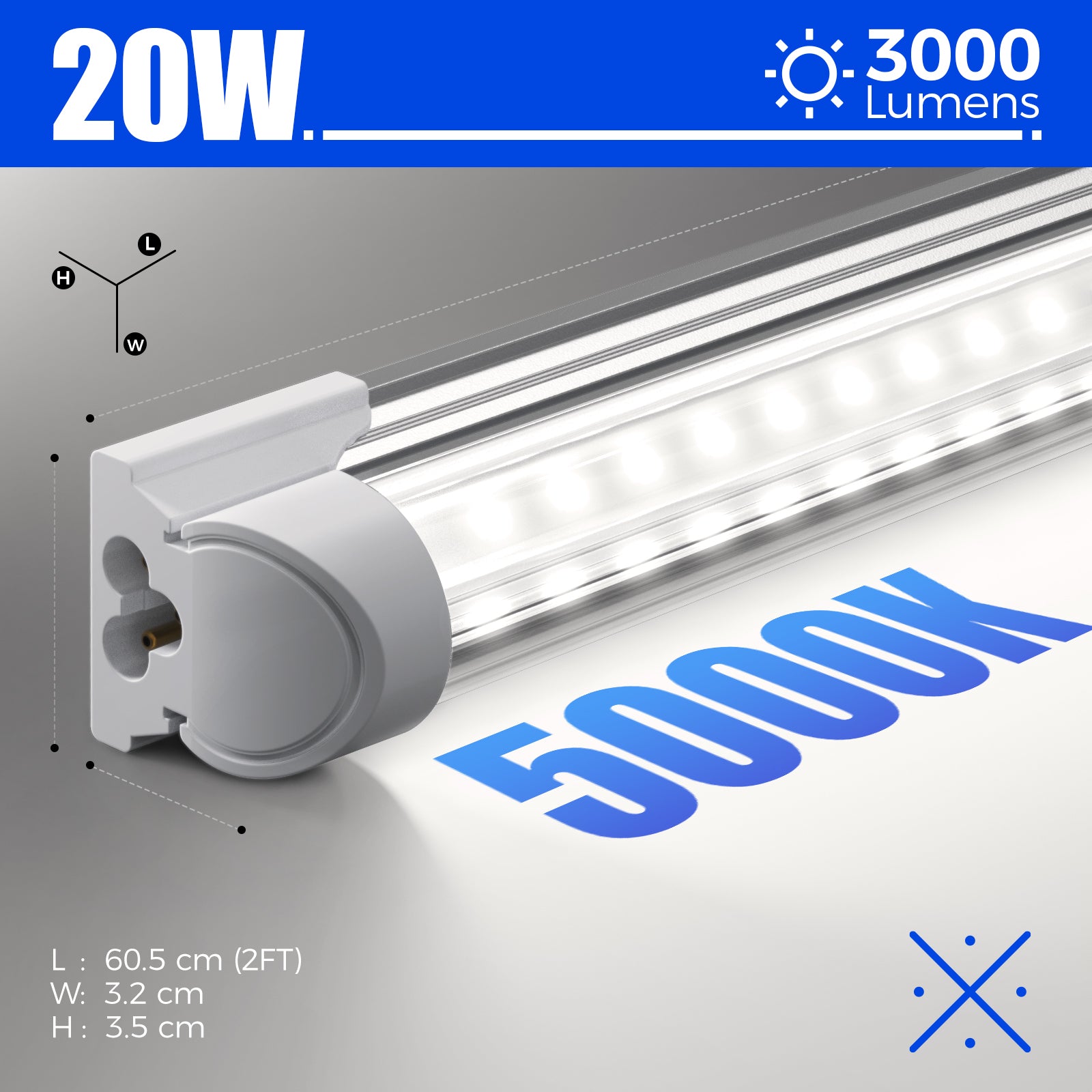 Barrina T8 20W LED Shop Lights 2FT 5000K 3000LM | Clear Cover & V Shape Tube | BAF20