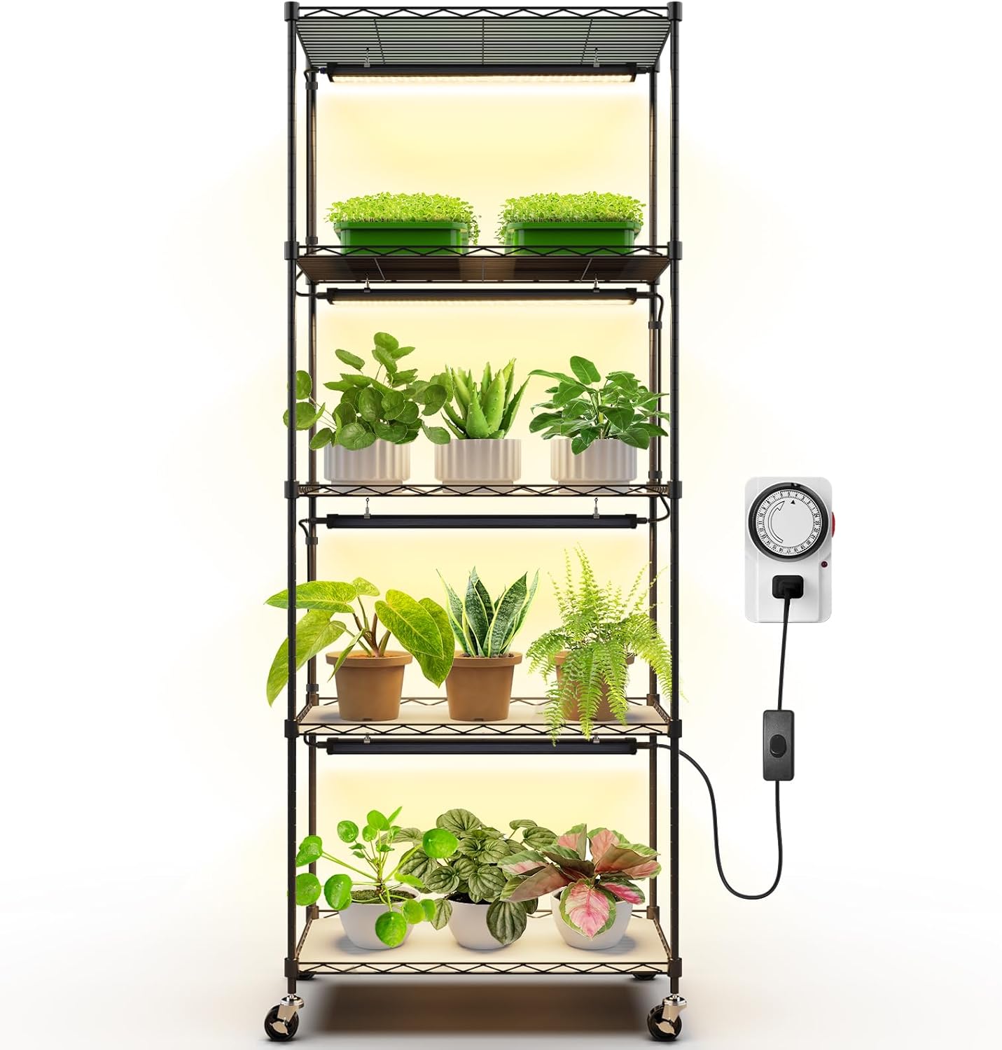 Barrina T5 5-Tier Plant Stand with 4Pcs 20W LED Grow Lights 1.6FT Yellow Light | Full Spectrum & Settable Timer Socket | WE20