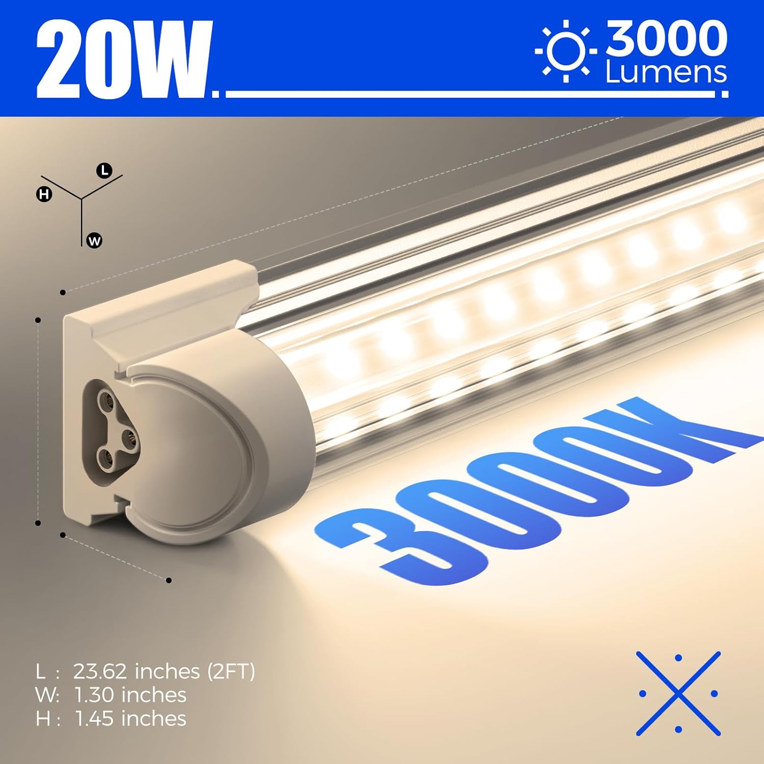 Barrina T8 20W LED Shop Light 2FT 3000K 3000LM | Clear Cover & V Shape Tube | BAF20