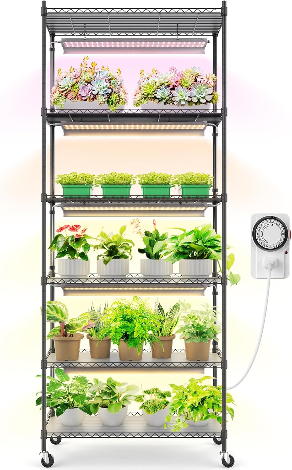 Barrina T5 6-Tier Plant Stand with 5Pcs 30W LED Grow Lights 2FT 3-Spectrum | Timer | WF30