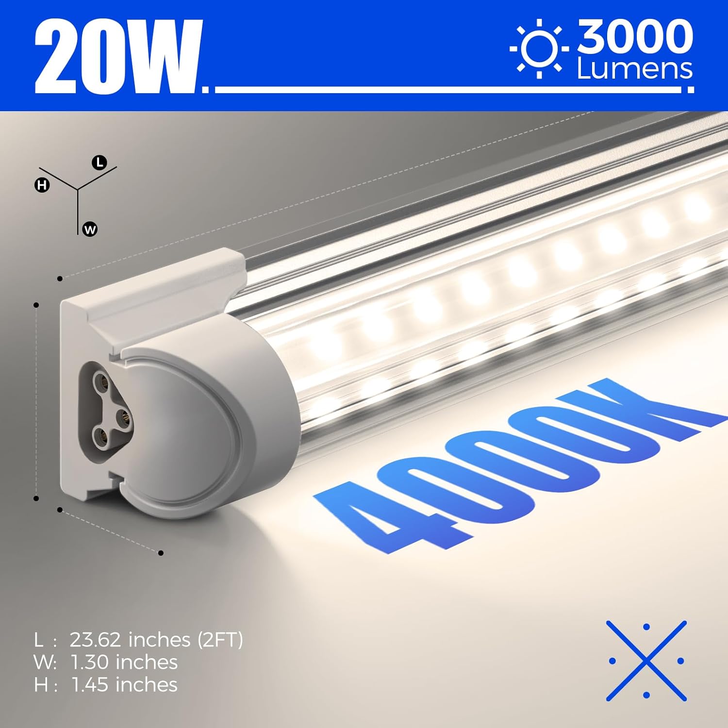 Barrina T8 20W LED Shop Light 2FT 4000K 3000LM | Clear Cover & V Shape Tube | BAF20