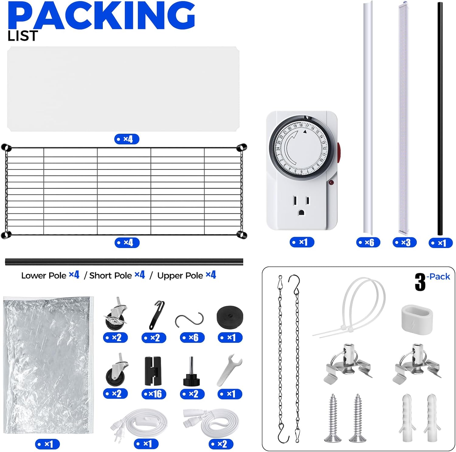 Barrina T5 4-Tier Plant Stand with 3Pcs 36W LED Grow Lights 3FT 5000K | Greemhouse Tent & Settable Timer Socket | WI36