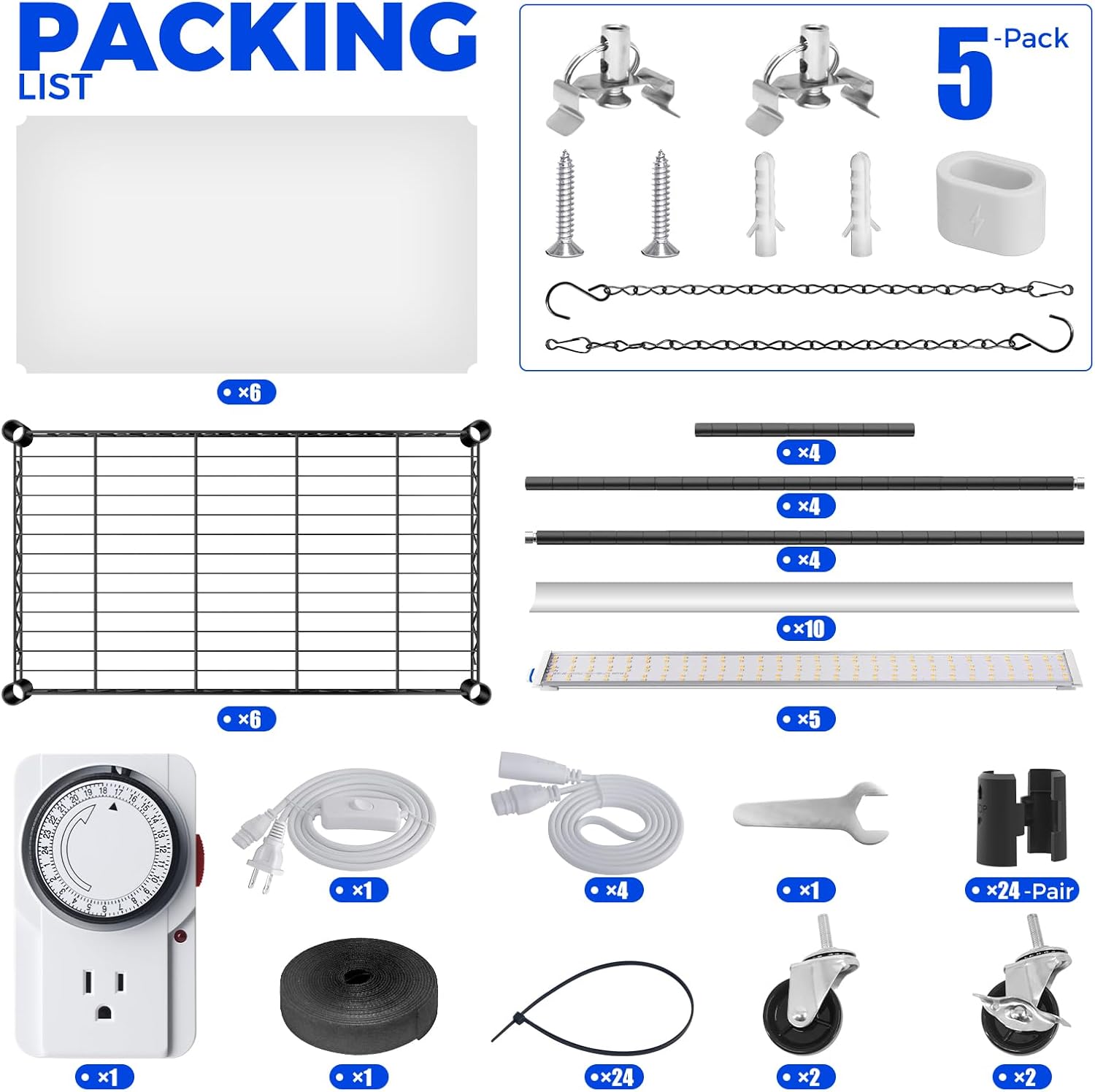 Barrina T5 6-Tier Plant Stand with 5Pcs 30W LED Grow Lights 2FT 3-Spectrum | Timer | WF30