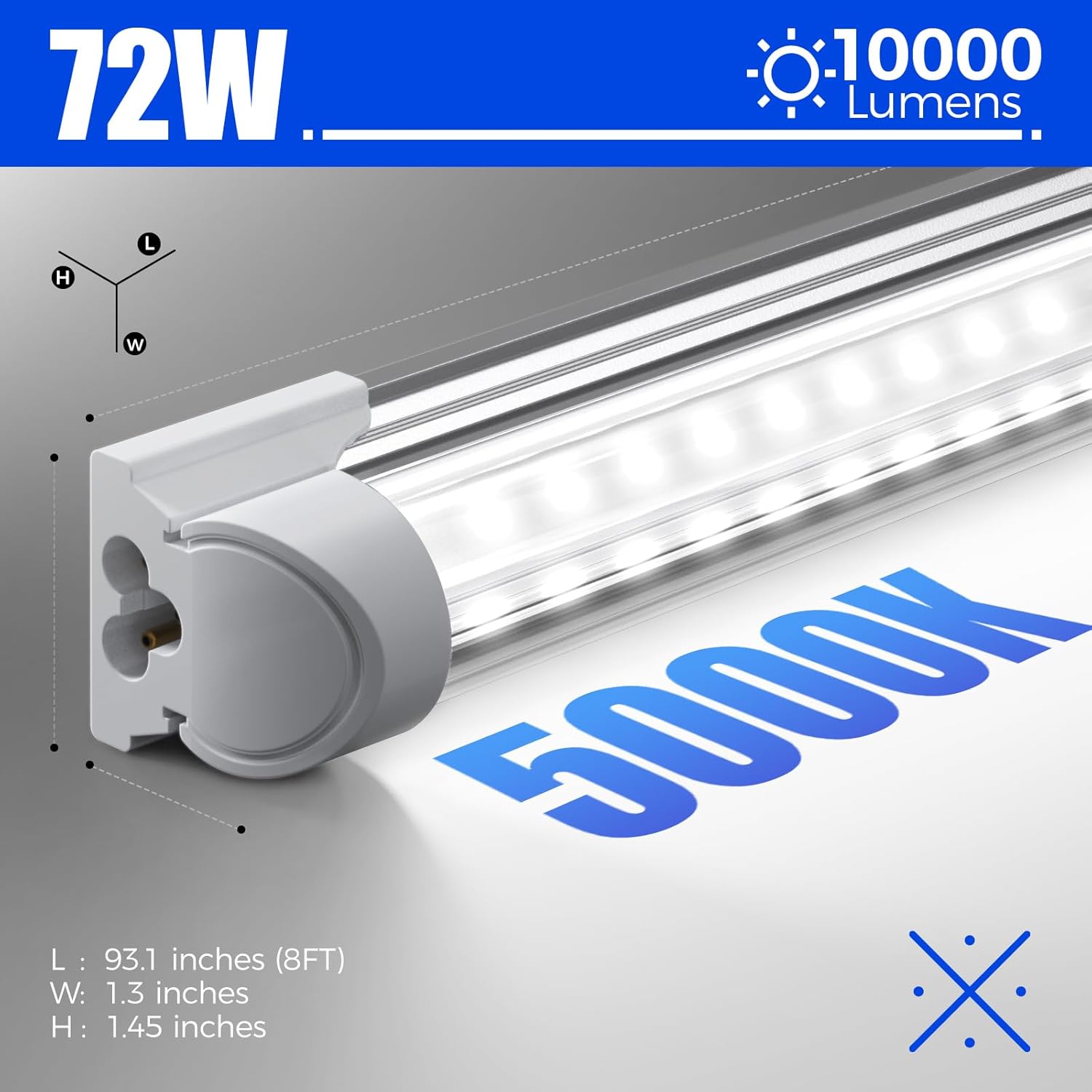 Barrina T8 72W LED Shop Light 8FT 5000K 10000LM | Clear Cover & V Shape Tube | BAX72