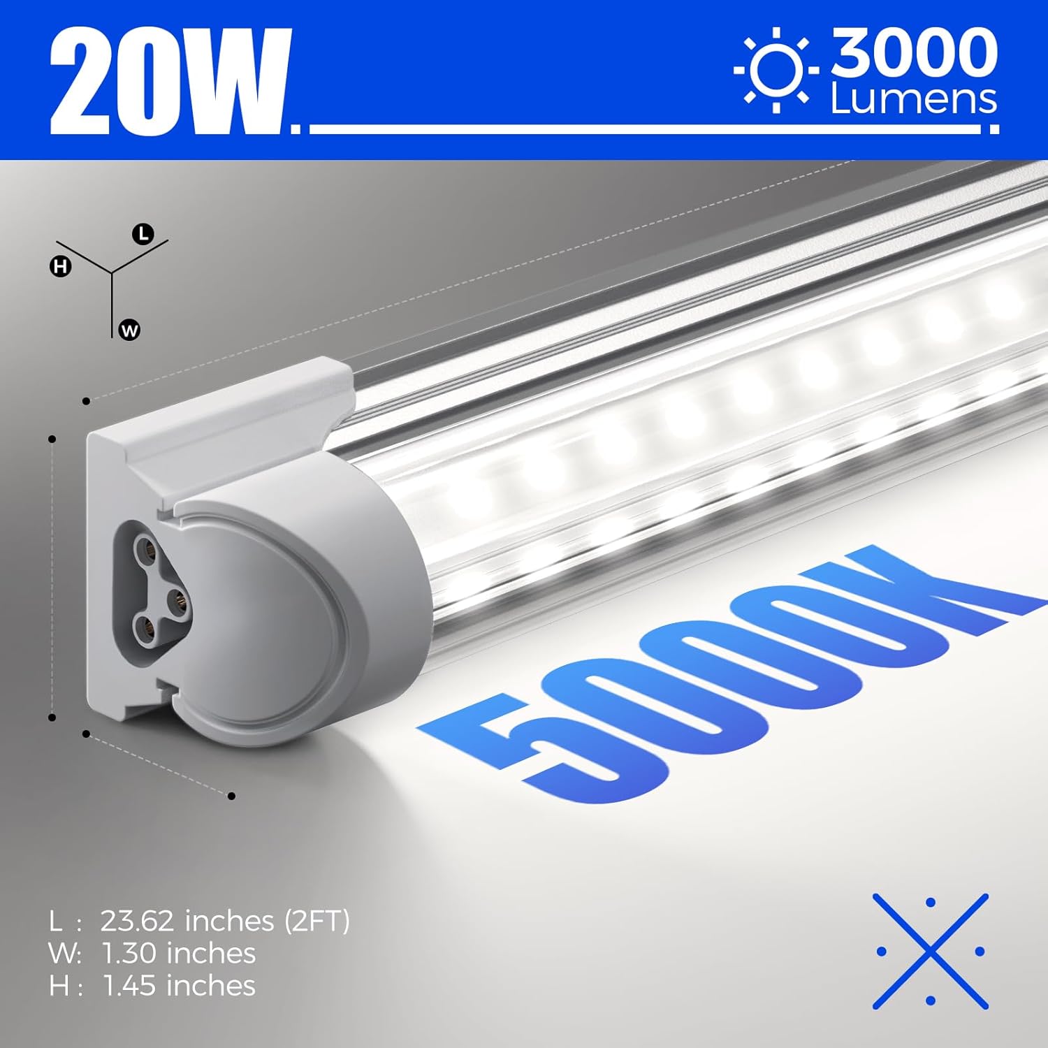 Barrina T8 20W LED Shop Light 2FT 5000K 3000LM | Clear Cover & V Shape Tube | BAF20