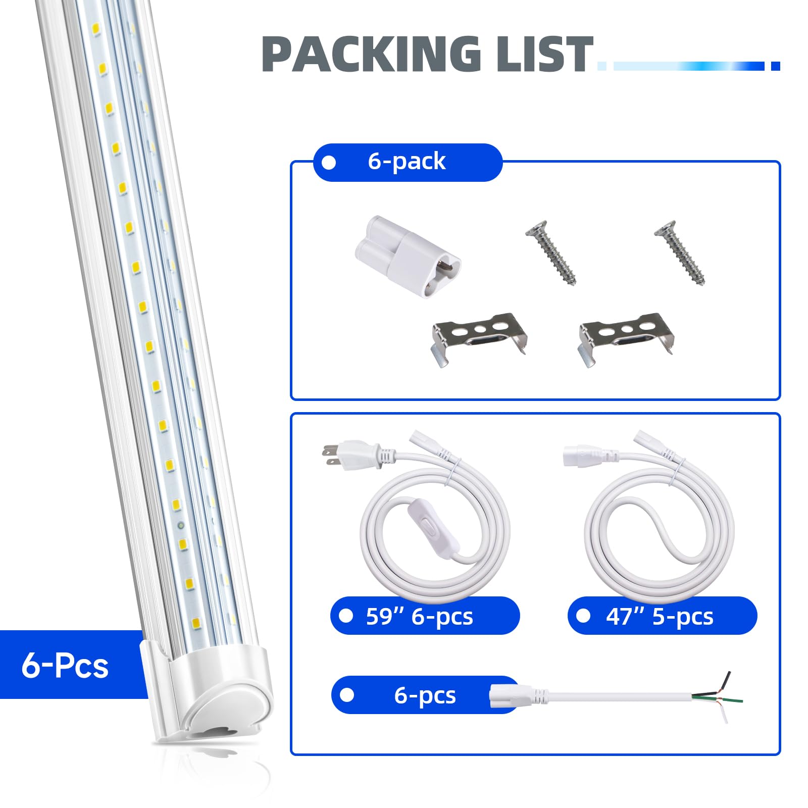 T8 LED Shop Lights, 5FT/6FT, Linkable V-Shape, ETL Listed, 6 Packs