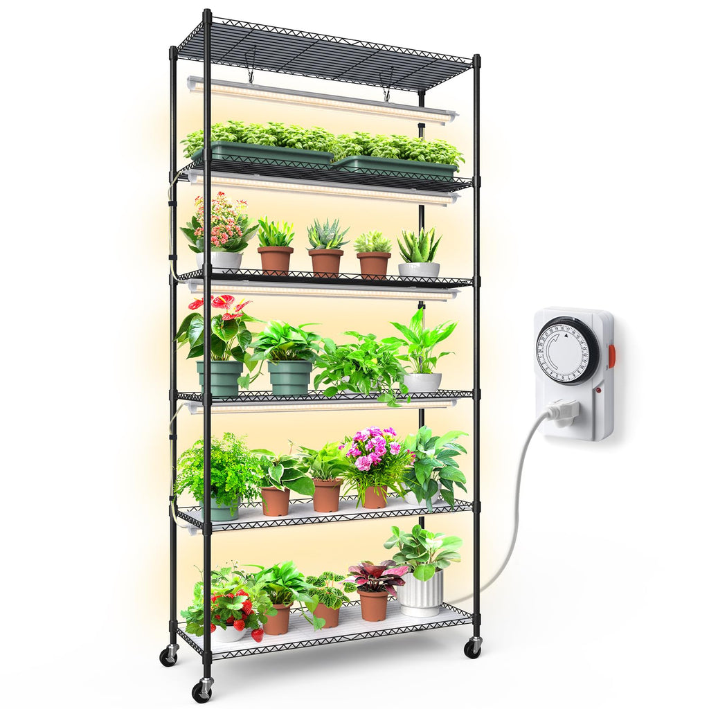 Barrina Plant Stand with Grow Lights, 3FT T8 Full Spectrum 150W Yellow LED Plant Lights 5 Packs,6-Tier 35.4"x13.8"x70.9"