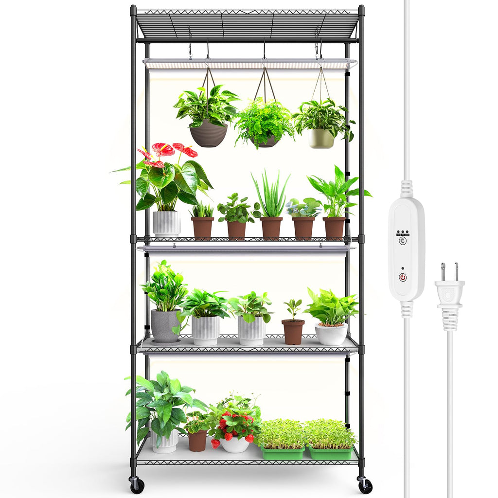 Barrina Plant Stand with Grow Light, 3FT T5 5000K 36W 3 Packs LED Shelf 4-Tier 35.4"x13.8"x70.9", Wheel, Built-in Timer