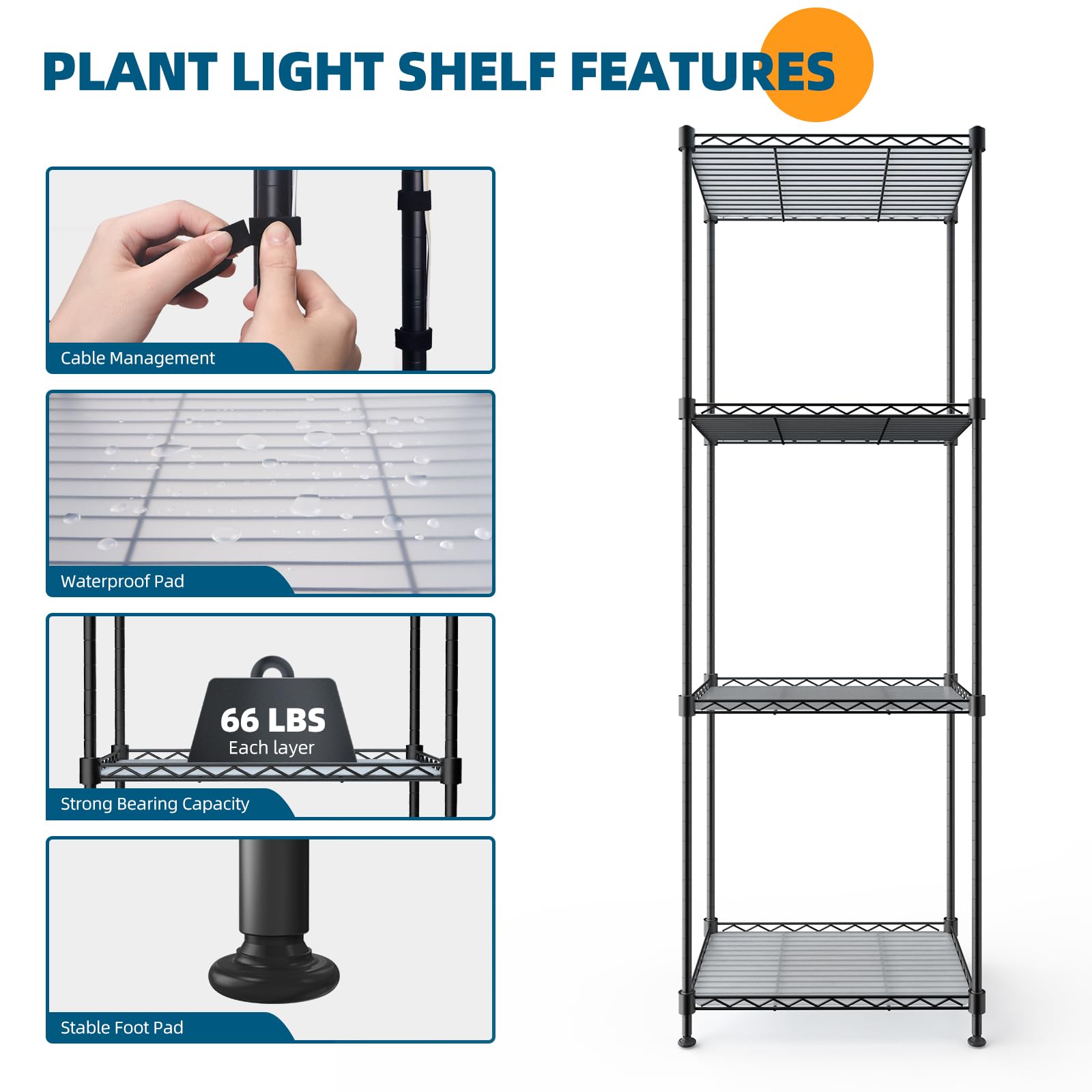 4-Tier Plant Stand with LED Grow Lights,15.7" L x 11.8" W x 47.2" H,10W,Full Spectrum,3 lights,CJ10DCL
