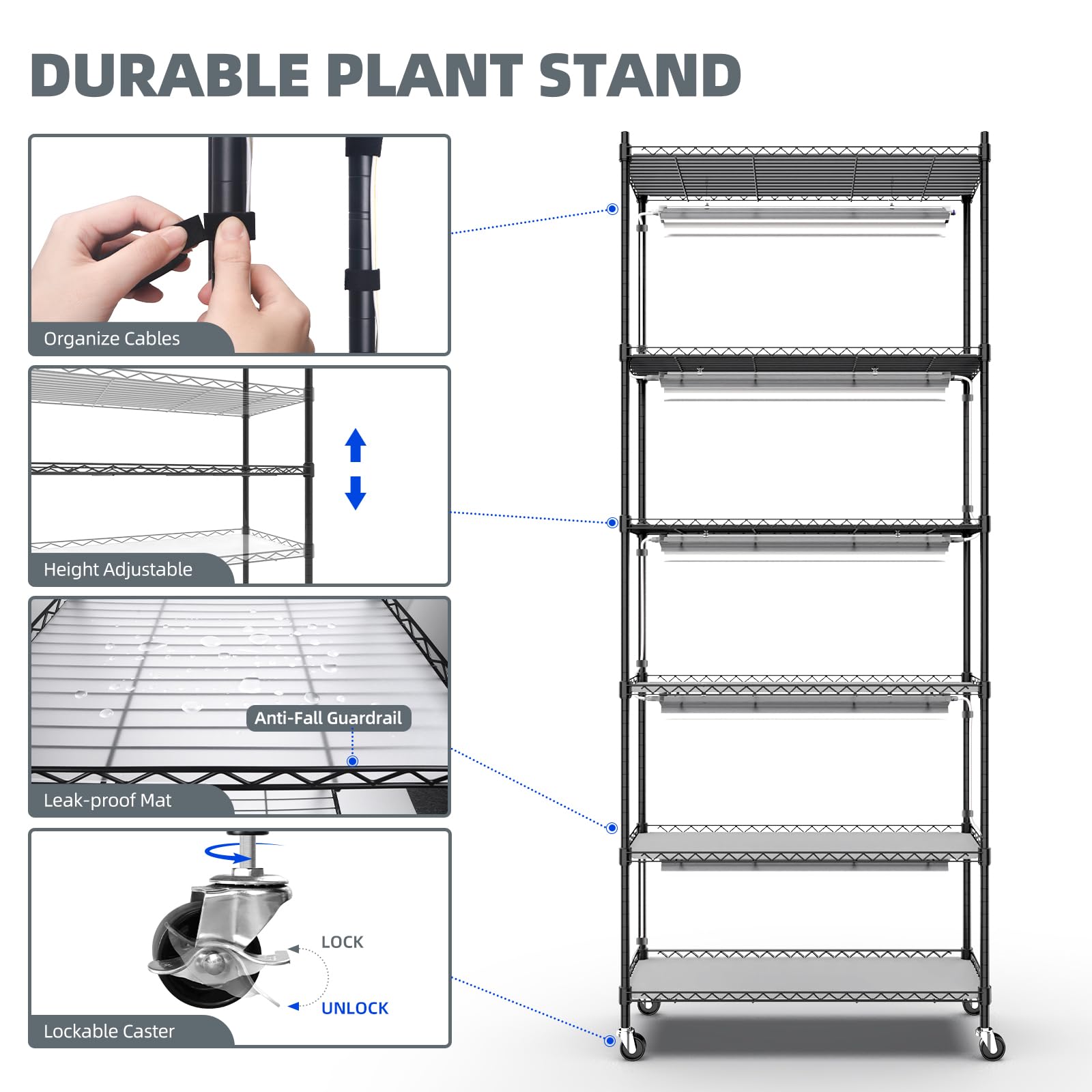 6-Tier Plant Stand with 2020T LED Grow Lights,29.5x13.8x71IN,30W,Full Spectrum,5 lights,CJ30GCR