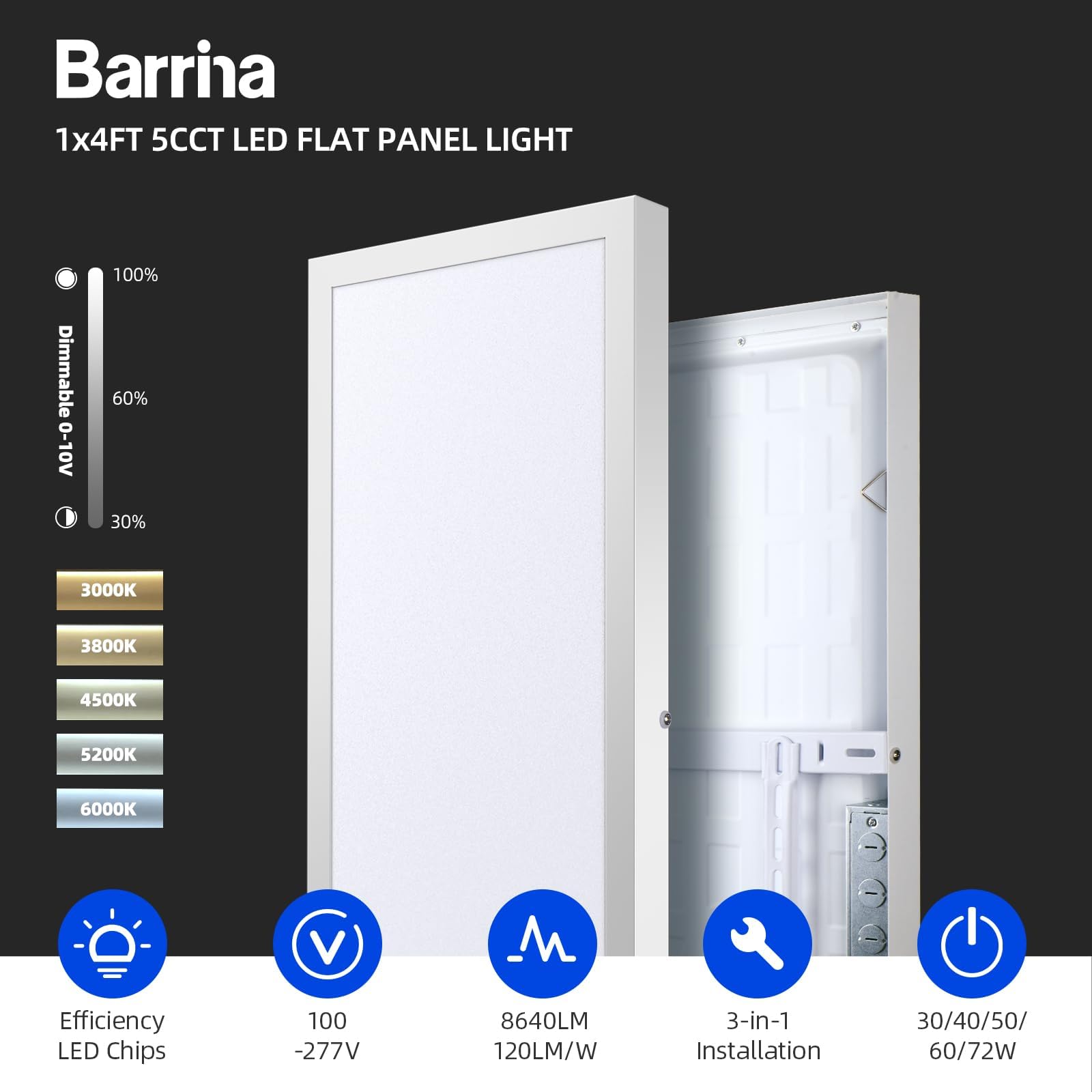 1x4 LED Flat Panel Light,8640LM 72W,0-10V Dimmable,Brightness & 5CCT Selectable,2 Packs,JM-6035