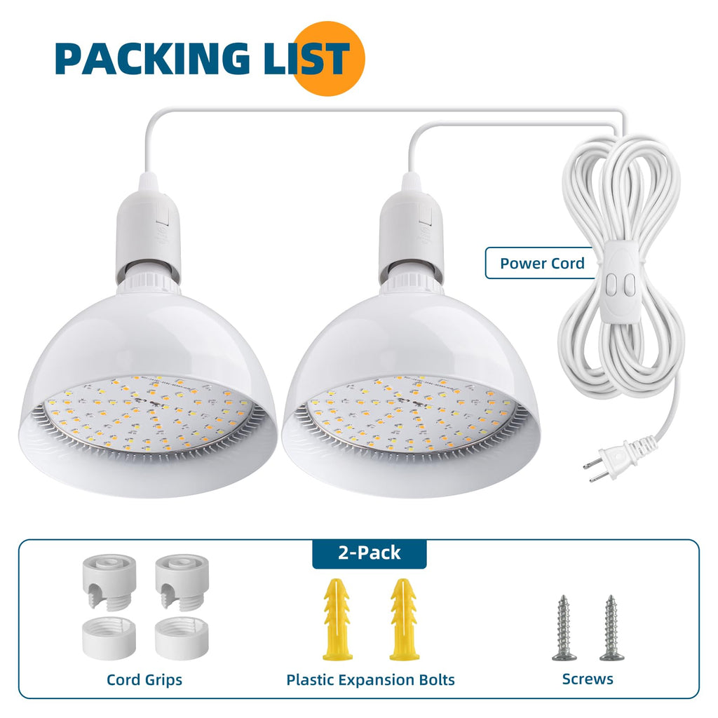 Barrina LED Grow Light Bulb, 50W, with 16.4FT Power Cord, Hanging Large Tall Plant, Garden, Flowers, Greenhouse, 2-Head
