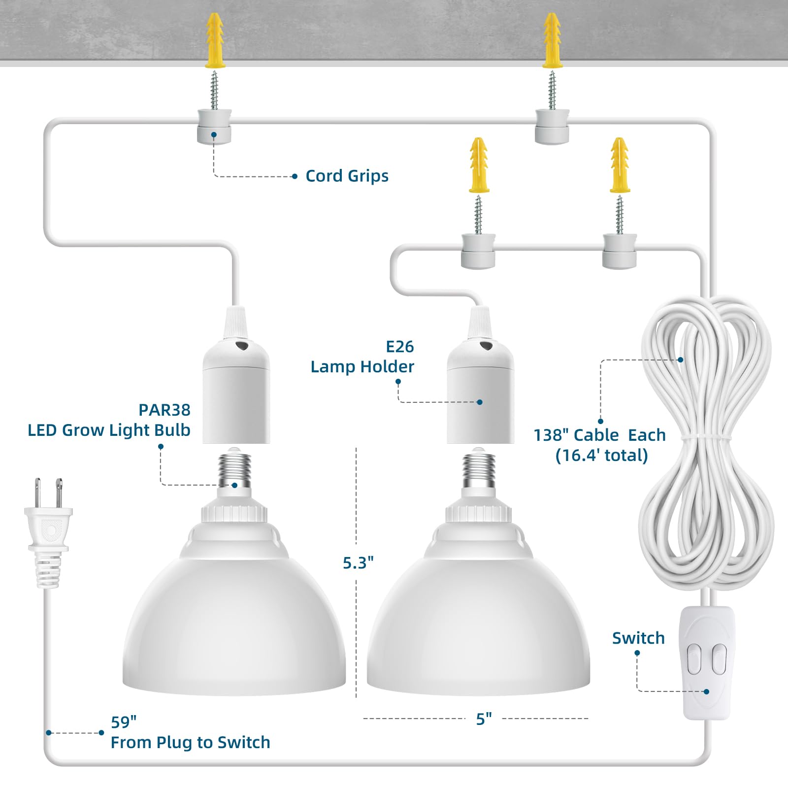 Hanging LED Grow Light Bulb,4FT,25W,Full Spectrum,2 Heads,TB25(M)