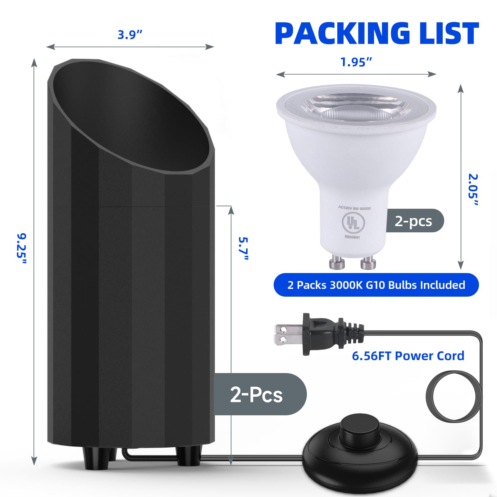 Uplighting Indoor Spotlight, 2 in 1 Detachable 3000K GU10 Bulb, UL Listed Black,2 Packs