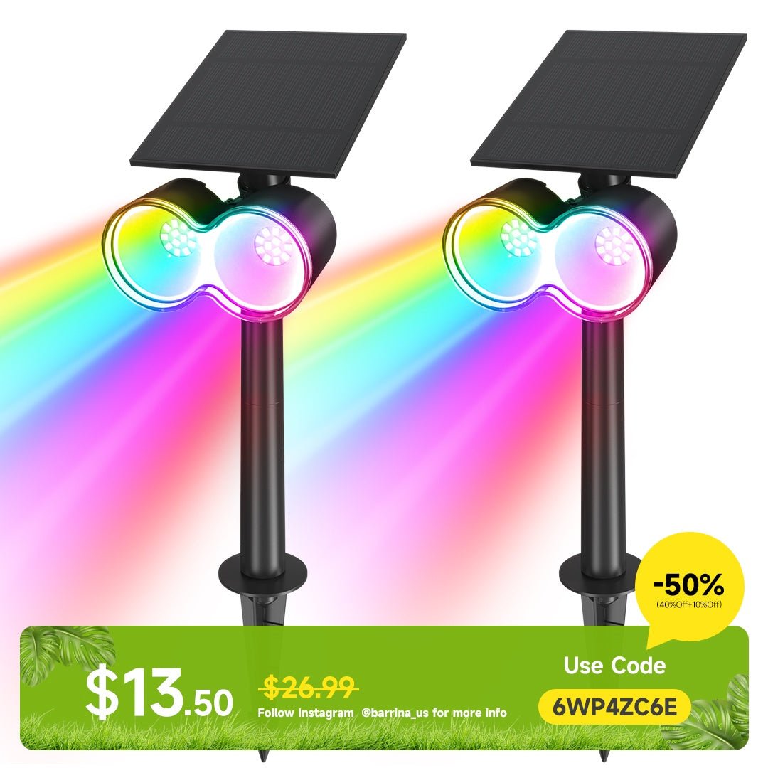 Solar Spot Lights,RGB 8 Colorful Modes,360°Horizontal Adjustable,Auto ON/OFF,2 Packs,WX RGB 2 - Barrina led