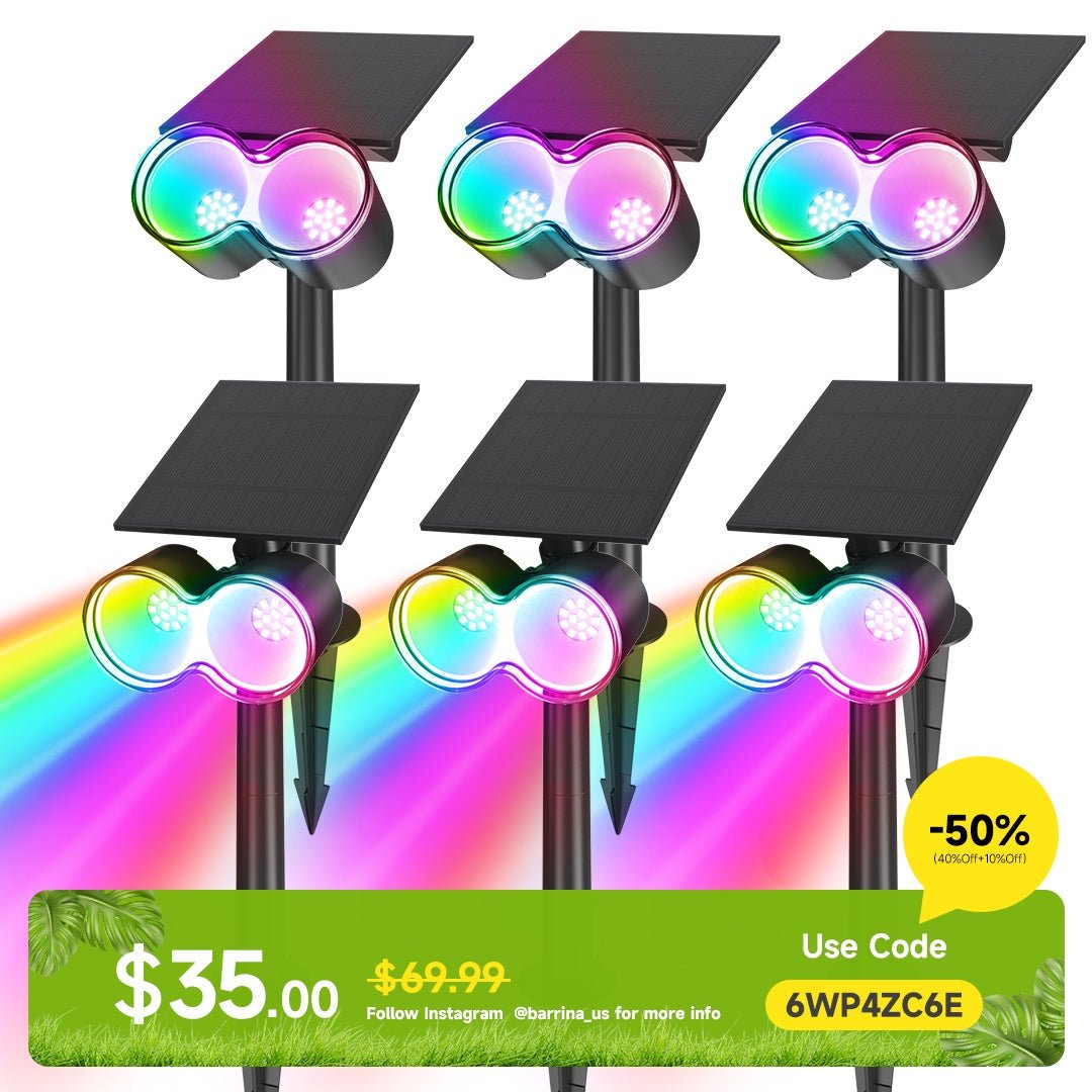 Solar Spot Lights,RGB 8 Colorful Modes,360°Horizontal Adjustable,Auto ON/OFF,6 Packs,WX RGB 6 - Barrina led