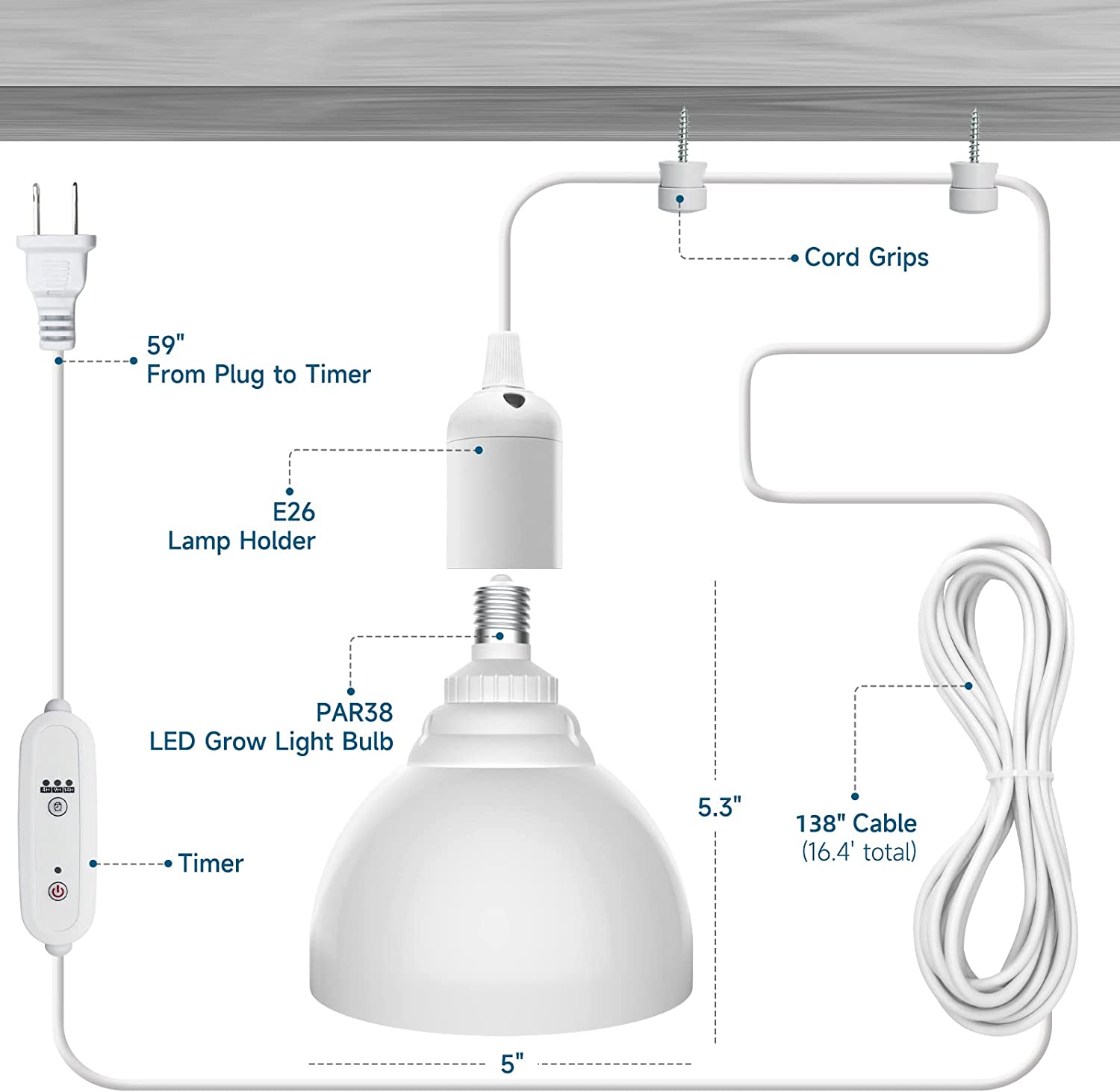 Hanging LED Grow Light Bulb,4FT,25W,5000K,Full Spectrum,1 Pack,TB25(5)